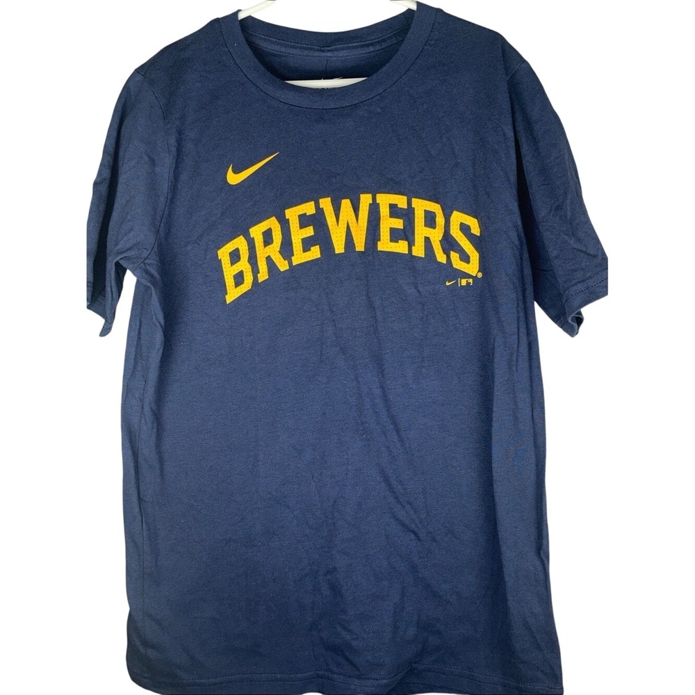 Nike Navy and Gold Brewers Tee Christian Yelich 22 kids medium 10/12 NWT